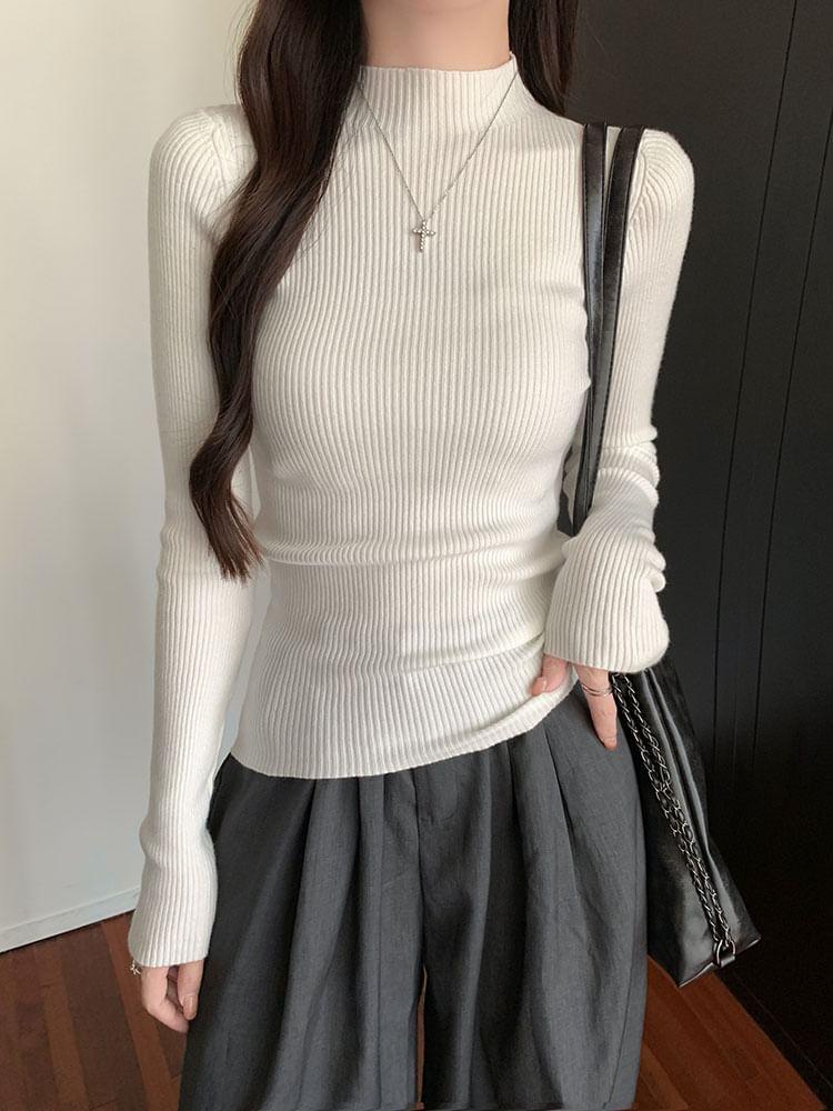 Long-Sleeve Mock Neck Plain Slim Fit Knit Top Product Image