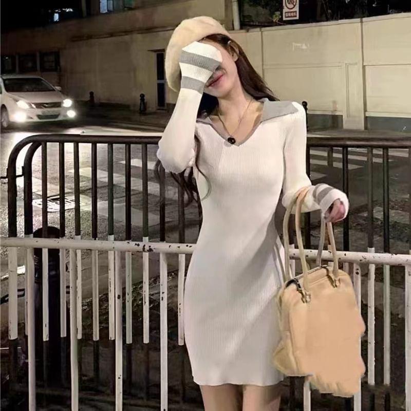 Long-Sleeve Collar Striped Knit Mini Sheath Dress Product Image