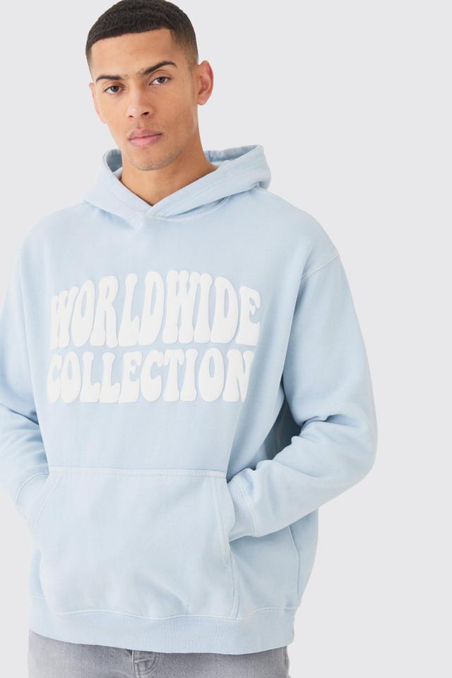 Mens Blue Overdye Worldwide Puff Print Hoodie, Blue Product Image