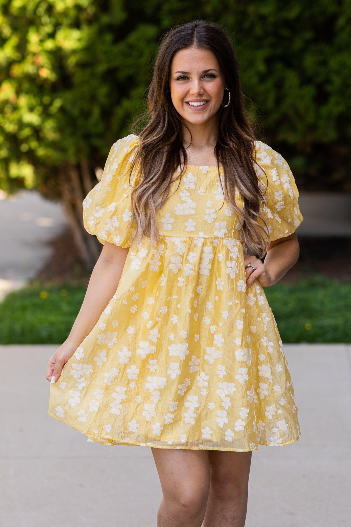 Pastel Yellow Floral Puff Sleeve Dress Product Image