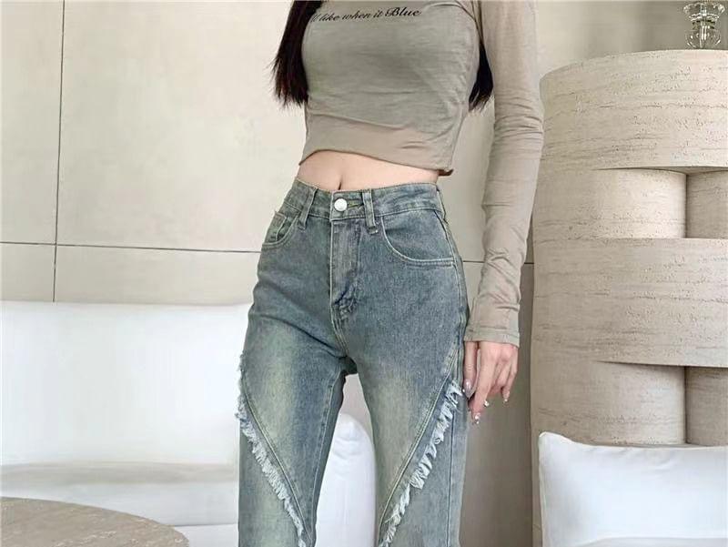 High Waist Fringed Washed Flared Jeans Product Image