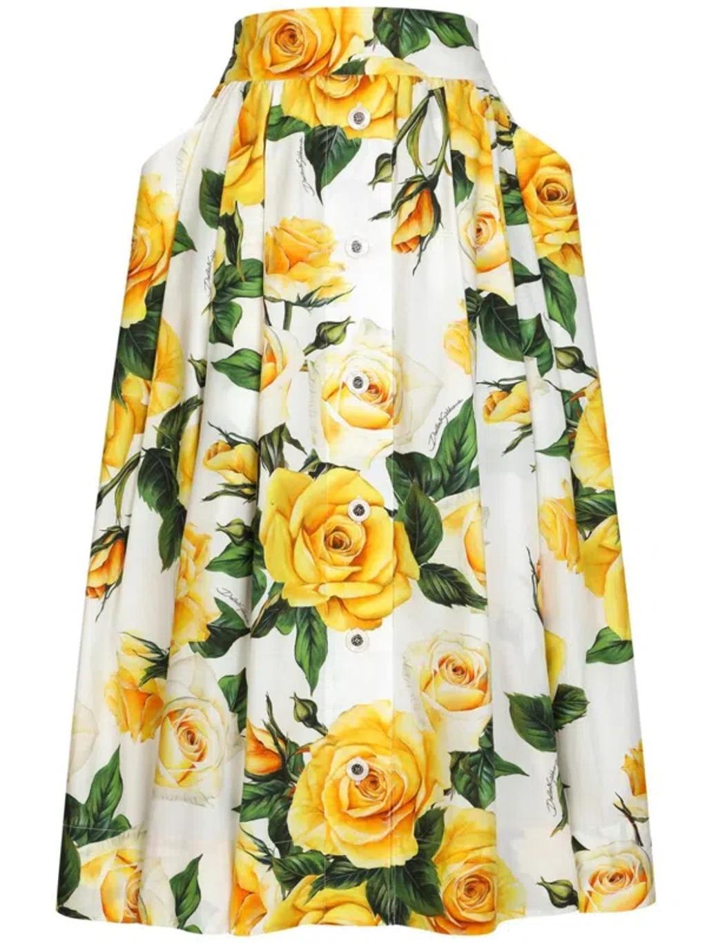 Rose Printed Cotton Midi Skirt In Yellow Product Image