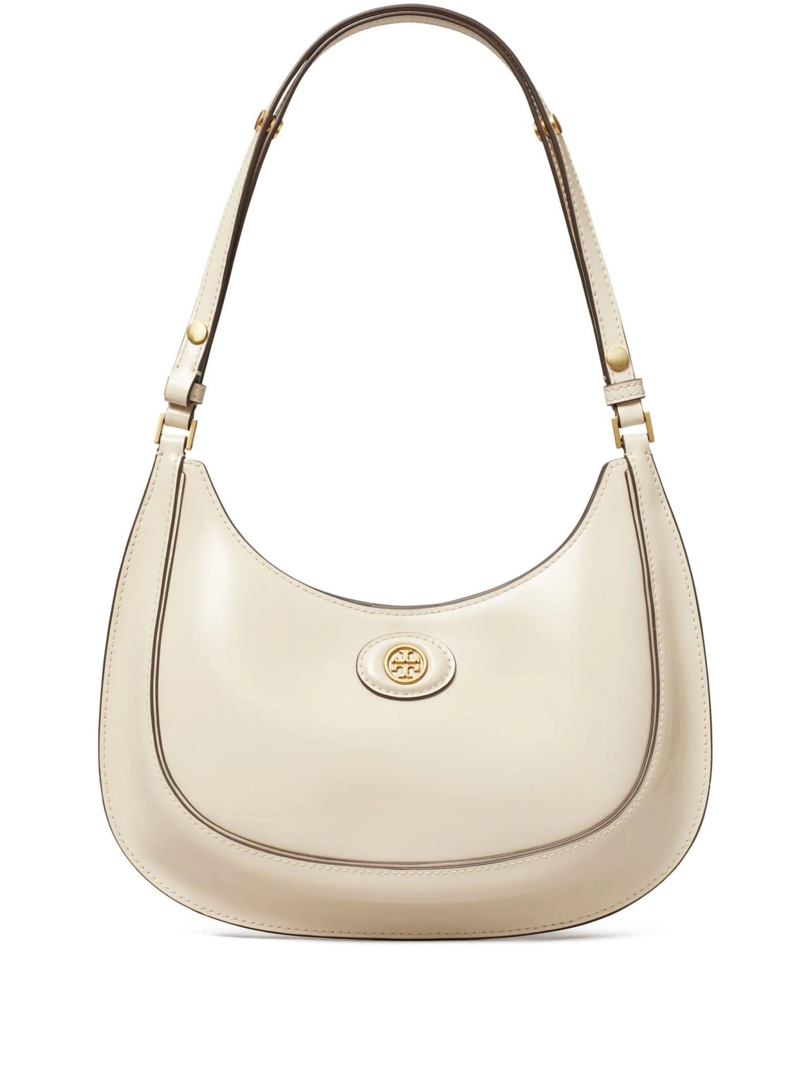 TORY BURCH Robinson Spazzolato Crescent Leather Shoulder Bag In White Product Image