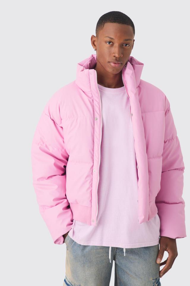 Boxy Matte PU Funnel Neck Puffer In Pink | boohooMAN USA Product Image