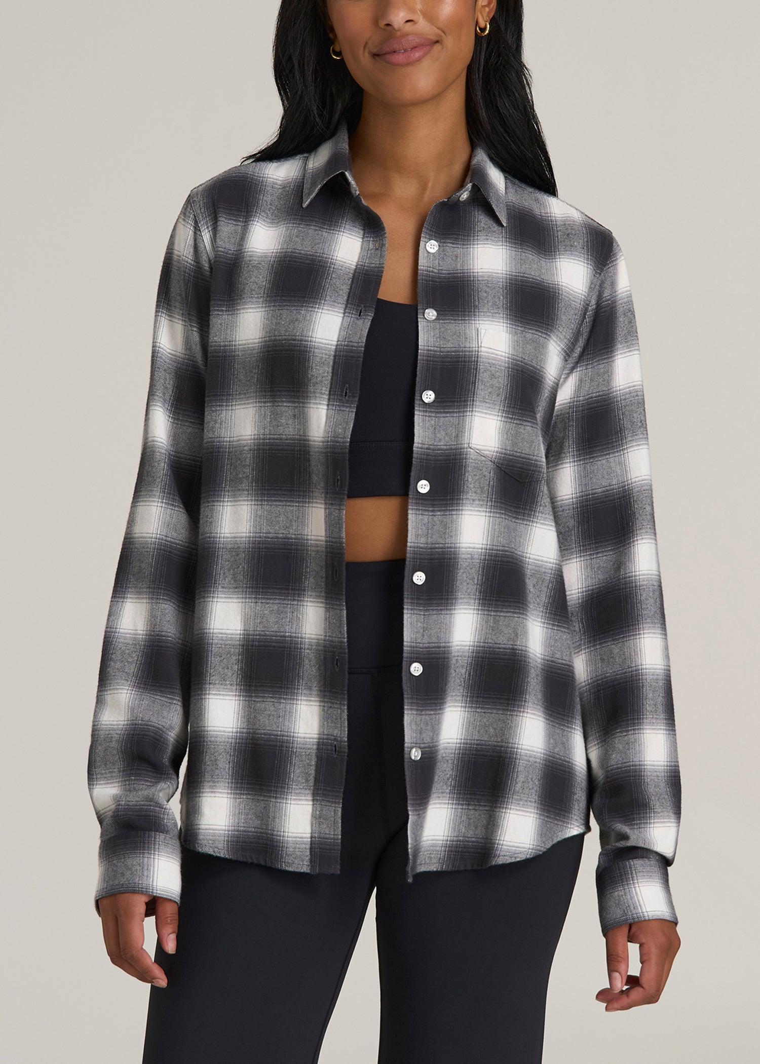 Flannel Button-Up Shirt for Tall Women in Grey and White Plaid Female Product Image