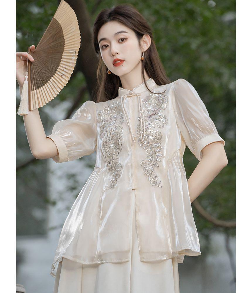 Set: Short-Sleeve Mandarin Collar Sequin Blouse + High Rise Plain Midi A-Line Skirt Product Image