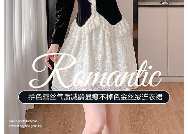 Mock Two-Piece Long-Sleeve V-Neck lace Ruffle Mini A-Line Dress Product Image