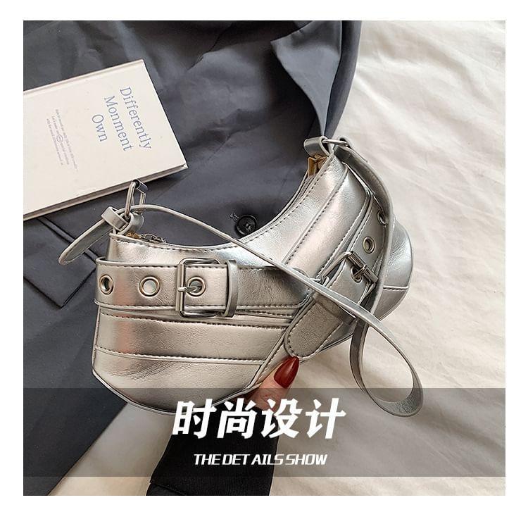 Plain Grommet Buckled Faux Leather Shoulder Bag Product Image