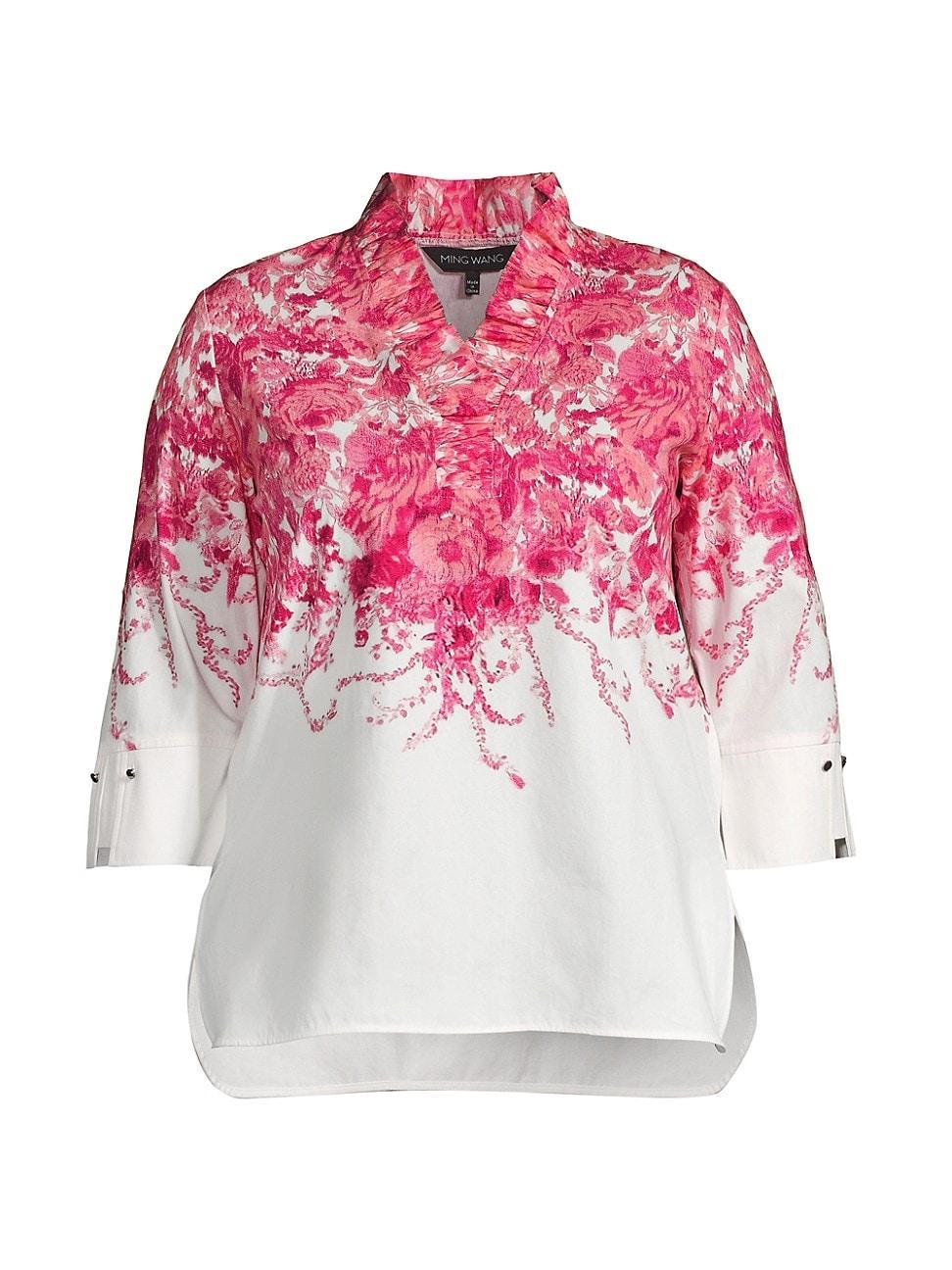 Womens Ruffled Floral Cotton Blouse Product Image