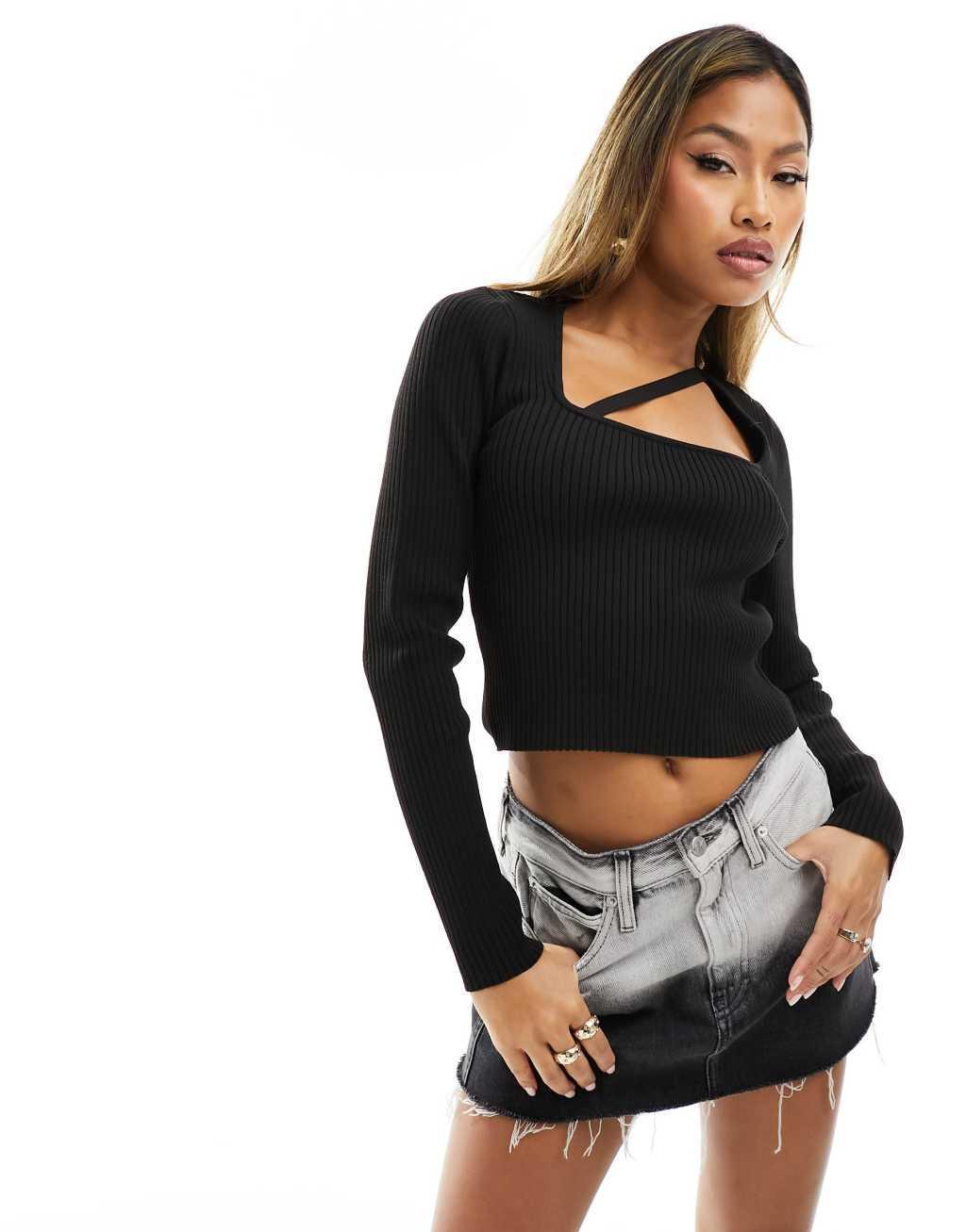 ASOS DESIGN sculpted knit top with scoop neck and strap detail in black product image