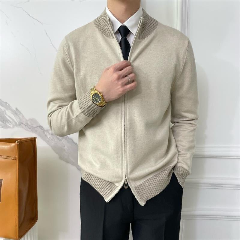 Stand Collar Contrast Trim Zip-Up Cardigan Product Image