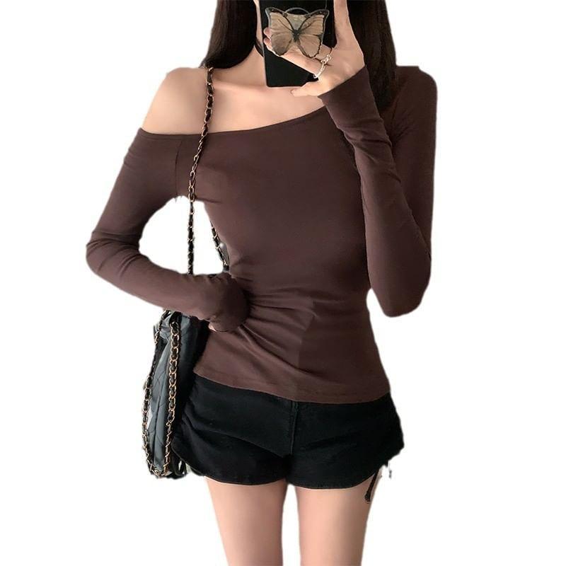 Long-Sleeve Off-Shoulder Plain Tee Product Image