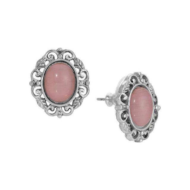 1928 Silver Tone Pink Oval Simulated Stone Filigree Stud Earrings, Womens Product Image