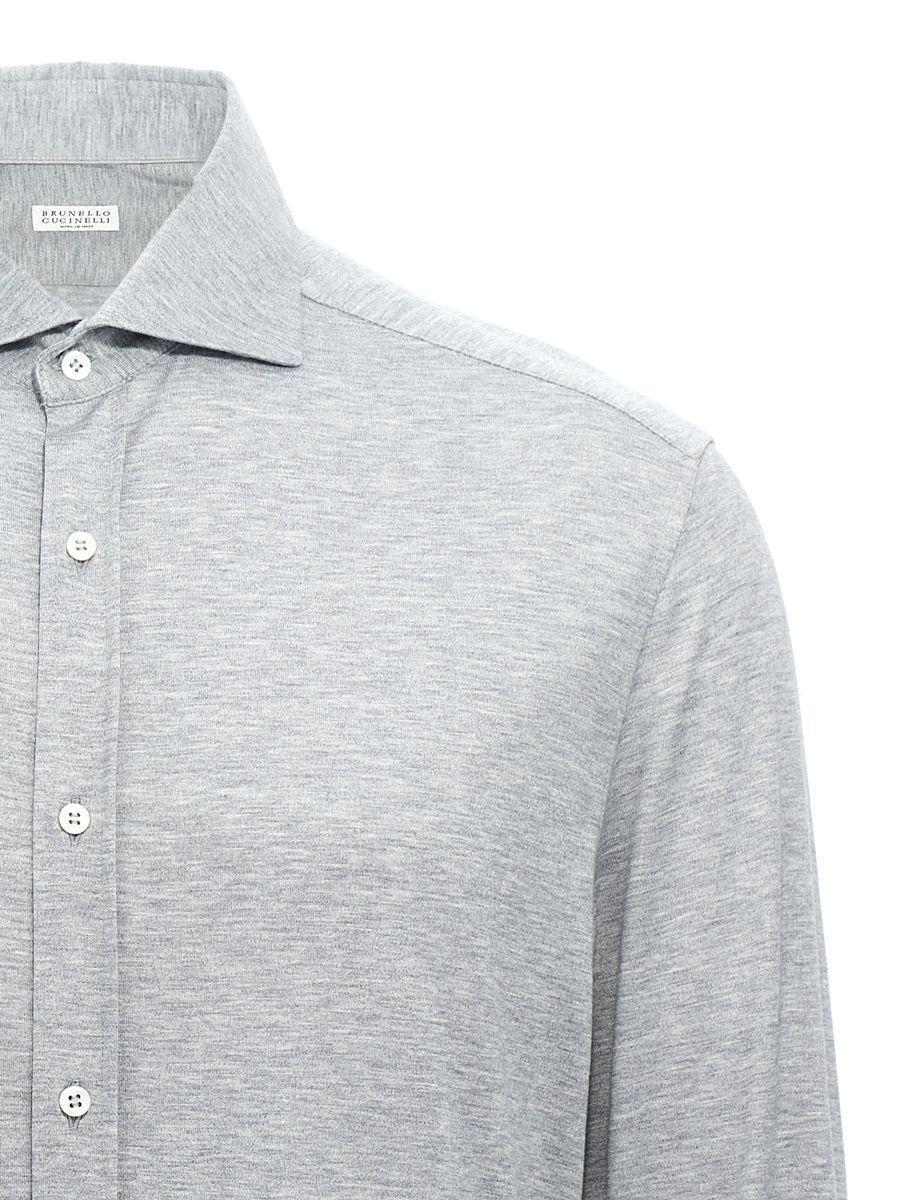 BRUNELLO CUCINELLI Mélange-effect Spread-collar Shirt In Gray Product Image