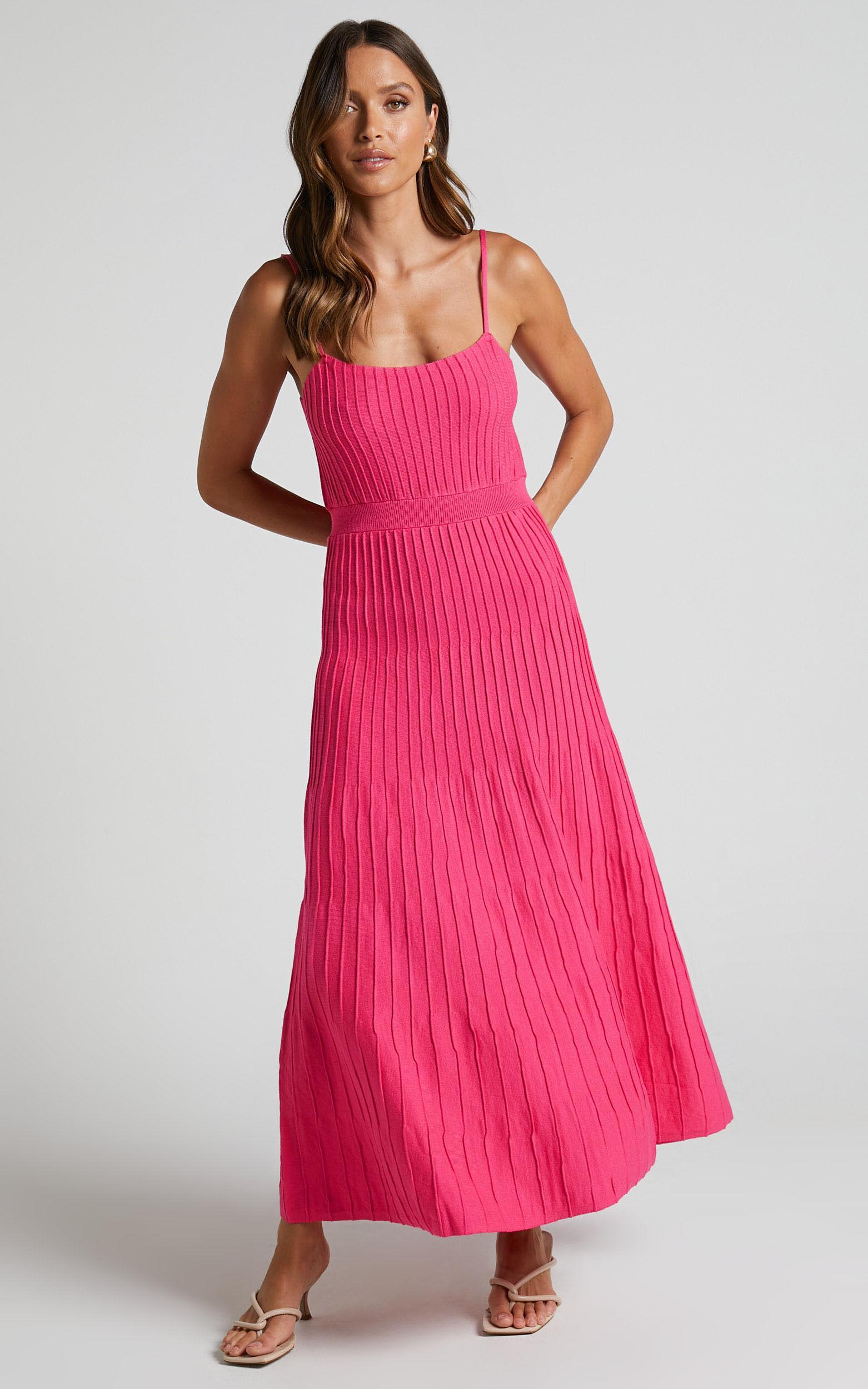 Donissa Midi Dress - Panelled Knit Dress in Hot Pink Product Image