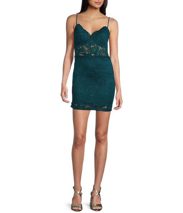 B. Darlin Spaghetti Strap V-Neckline Lace Glitter Bodycon Dress Product Image