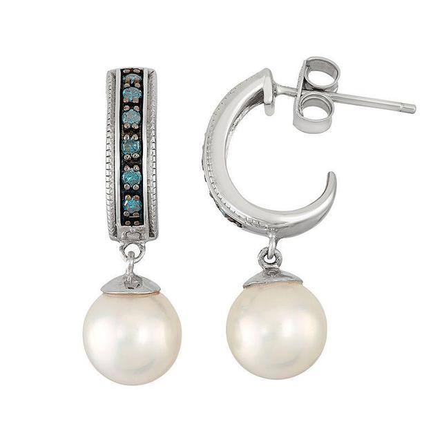 Freshwater Cultured Pearl & 1/10 Carat T.W. Blue Diamond Sterling Silver Hoop Drop Earrings, Womens Product Image