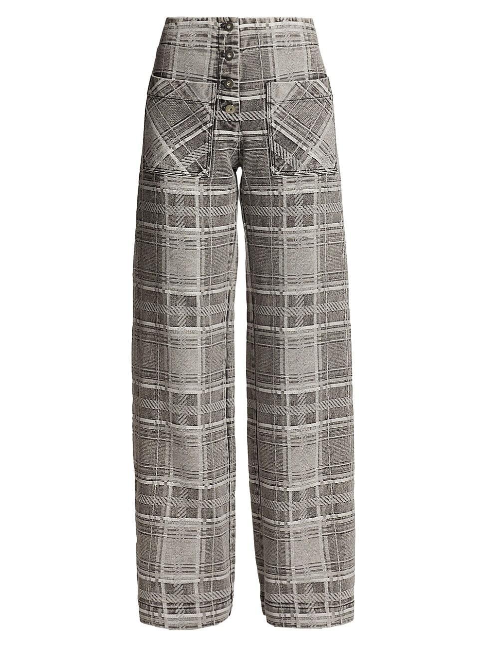 Womens Plaid Cotton Denim Wide-Leg Pants product image