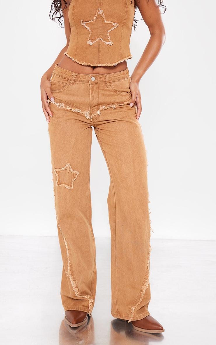 Washed Brown Raw Hem Detail Star Applique Wide Leg Jeans Product Image