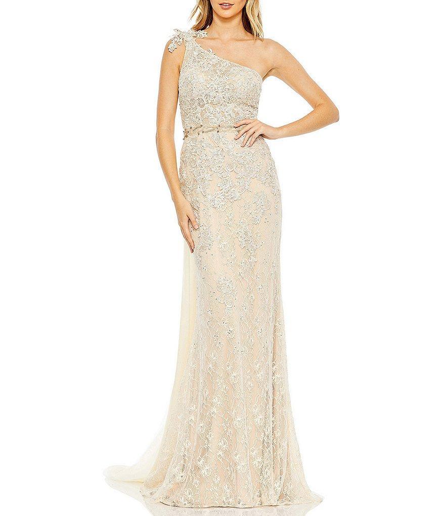 Mac Duggal Detailed One Shoulder Beaded Waist Lace Gown Product Image