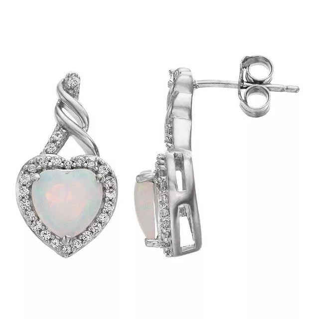 Sterling Silver Lab-Created Opal & White Sapphire Heart Drop Earrings, Womens Product Image