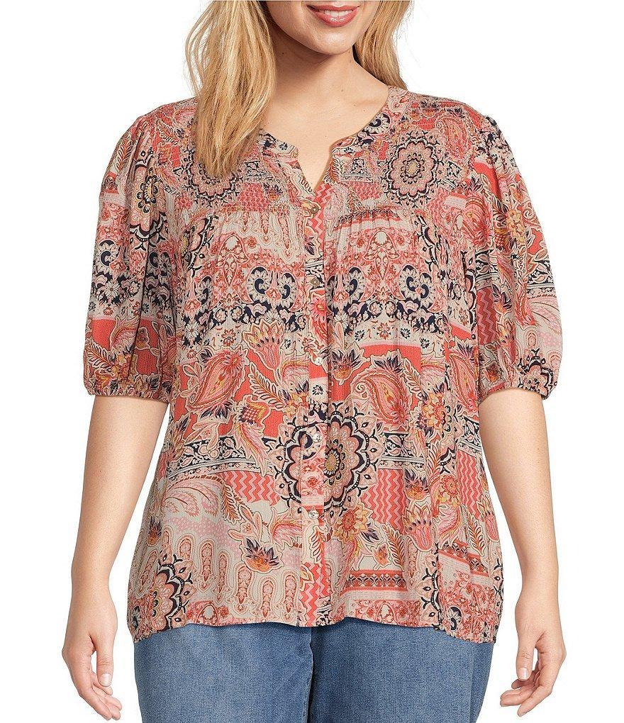 Nurture by Westbound Plus Size Smocked Front Elbow Sleeves Button Down Top Product Image