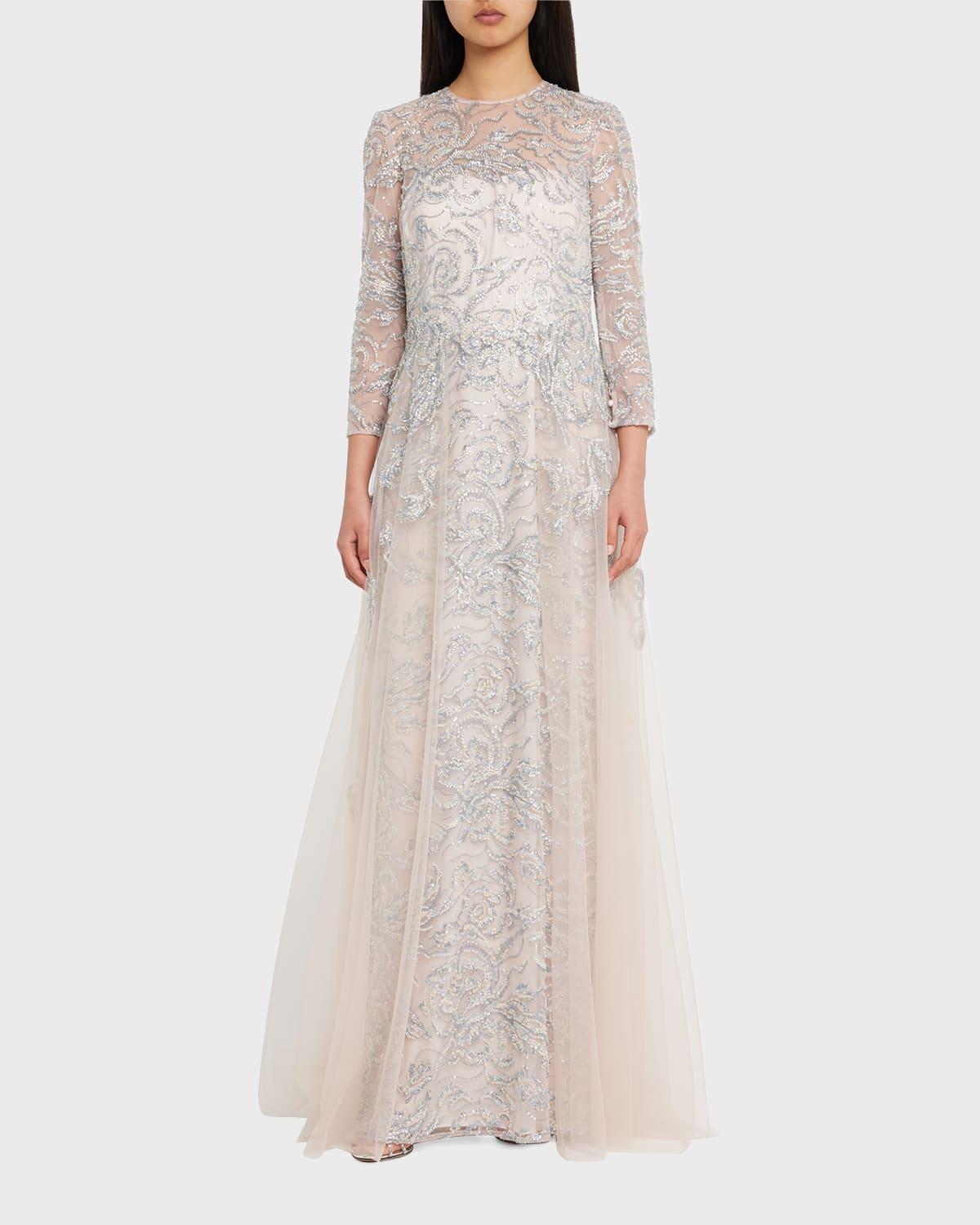 Beaded Illusion-Sleeve Tulle Gown Product Image