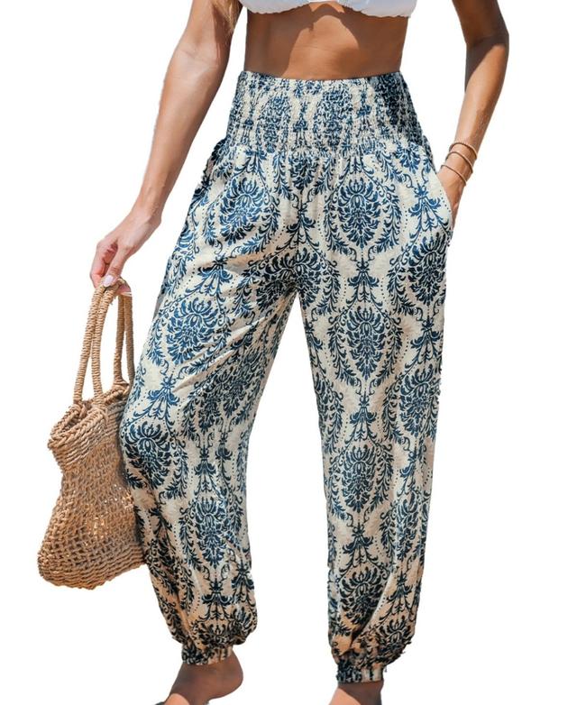 Cupshe Womens Blue Damask Smocked Waist Tapered Leg Pants Product Image