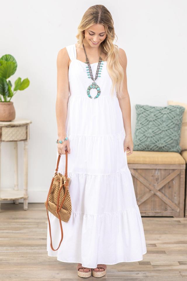 Off White Lined Tiered Maxi Dress Product Image