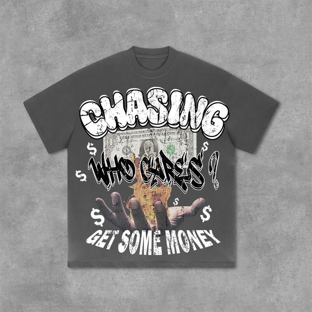 Fashion Vintage Chasing Money Graphic Print Cotton T-Shirt Product Image