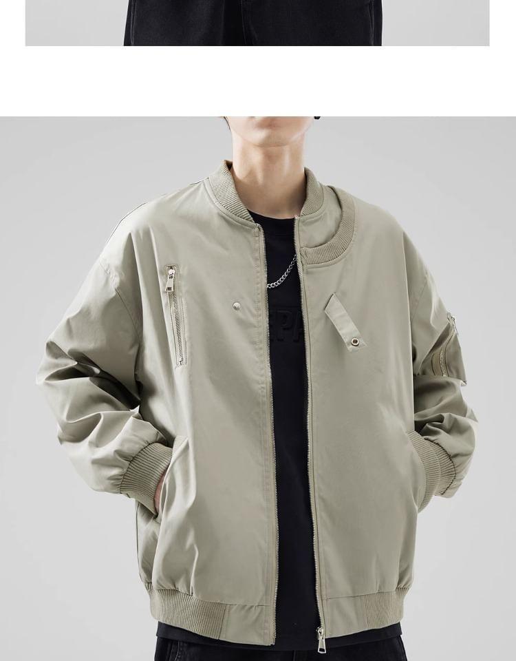 Drop-Shoulder Plain Zip Bomber Jacket Product Image