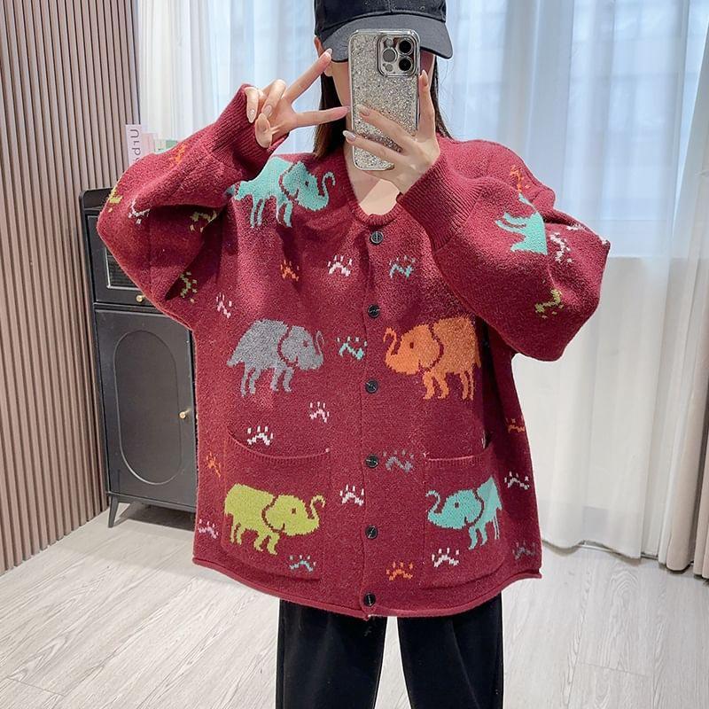 Round Neck Elephant Jacquard Cardigan Product Image