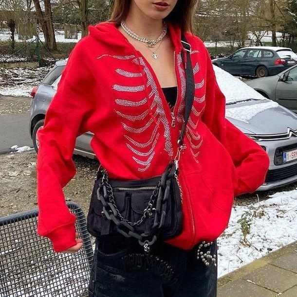 Oversized Rhinestone Ribcage Motif Zip Hoodie Product Image