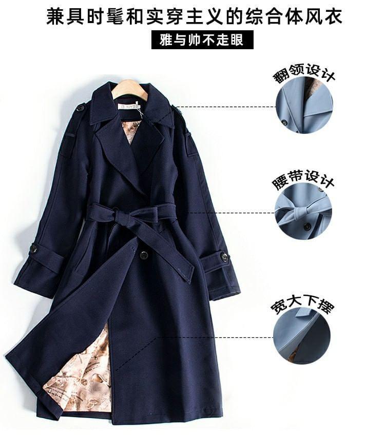 Plain Tie Waist Midi Double-Breasted Trench Coat Product Image