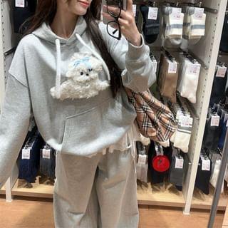 Dog Applique Drawstring Hoodie / Lace Panel Elastic Waist Melange Wide Leg Pants Product Image