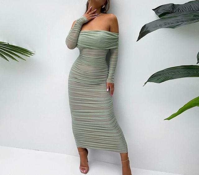 Long-Sleeve Off Shoulder Sheer Maxi Bodycon Dress Product Image