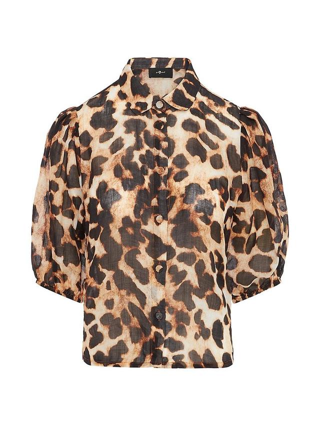 Womens Leopard Puff Sleeve Blouse Product Image