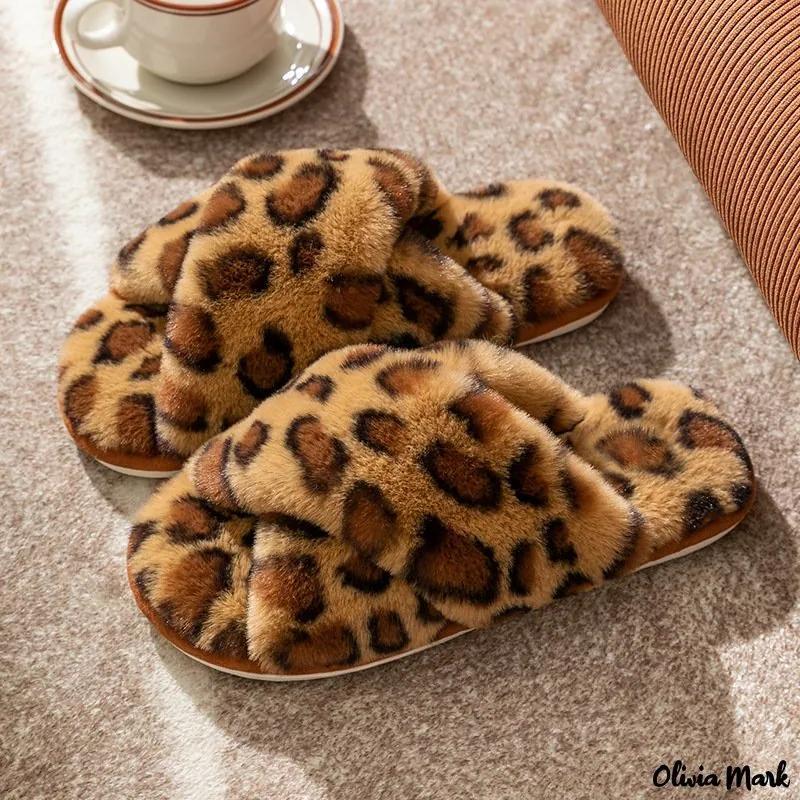 Olivia Mark – New leopard print plush slippers cross with cotton slippers home warm autumn and winter plush slippers Product Image