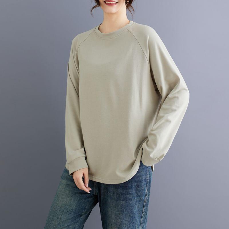 Long-Sleeve Round Neck Plain Raglan T-Shirt Product Image