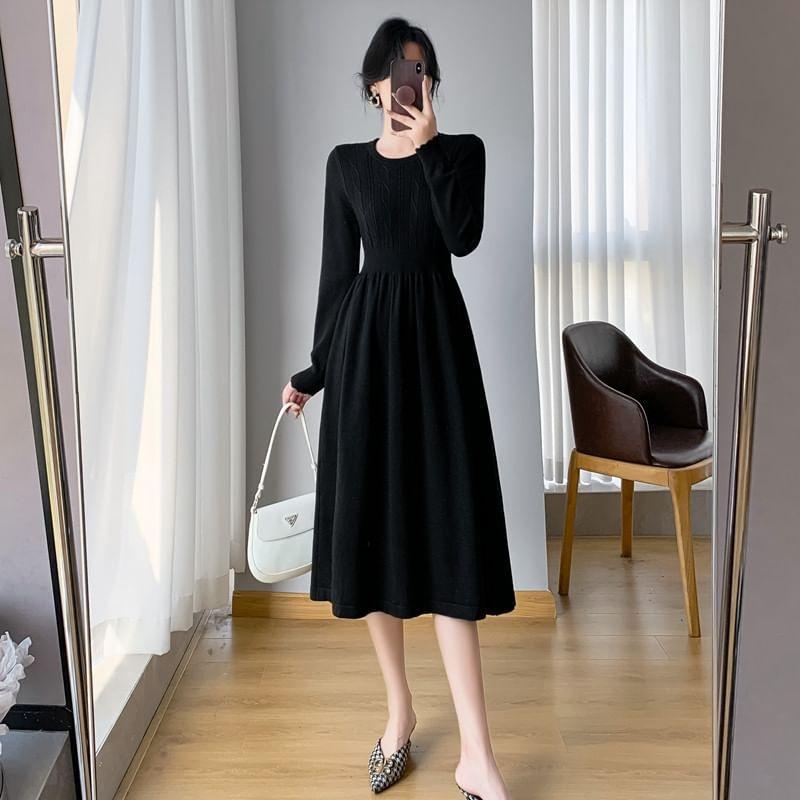 Long-Sleeve Crew Neck Plain Cable-Knit Midi A-Line Dress Product Image