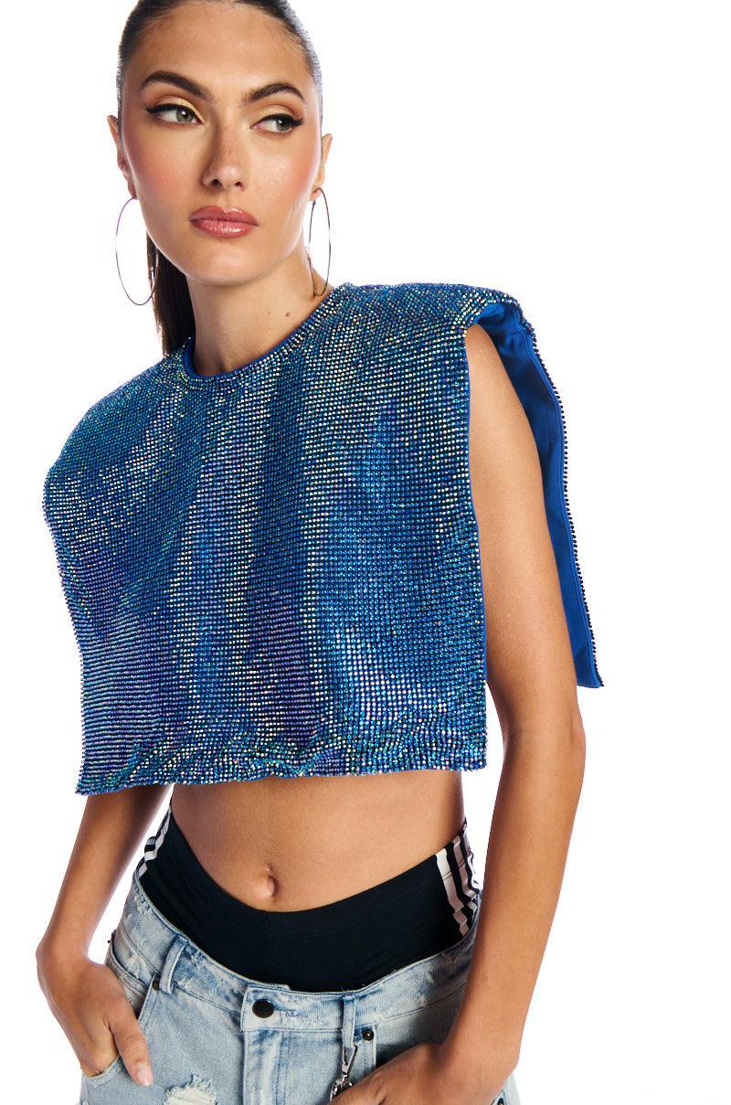 DISCO BABE SLEEVELESS RHINESTONE CROP TOP IN BLUE Product Image