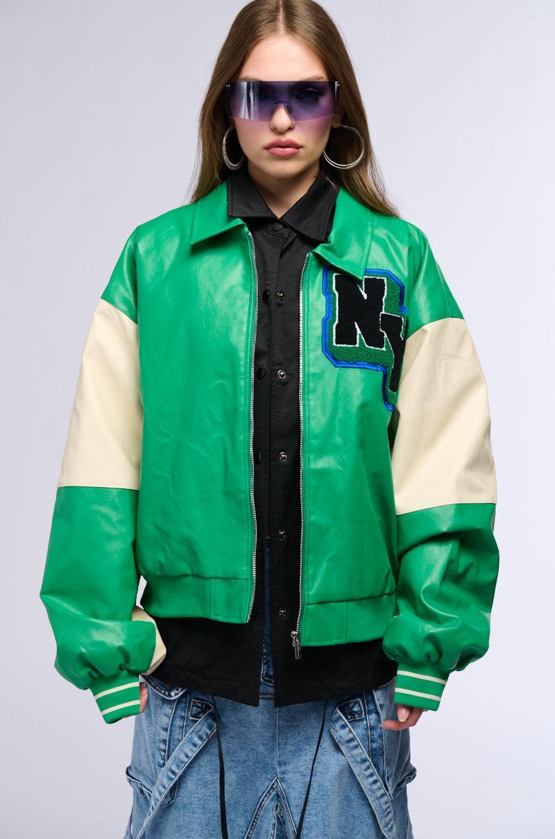 NUEVA YORK VARSITY PATCH FAUX LEATHER BOMBER JACKET Product Image