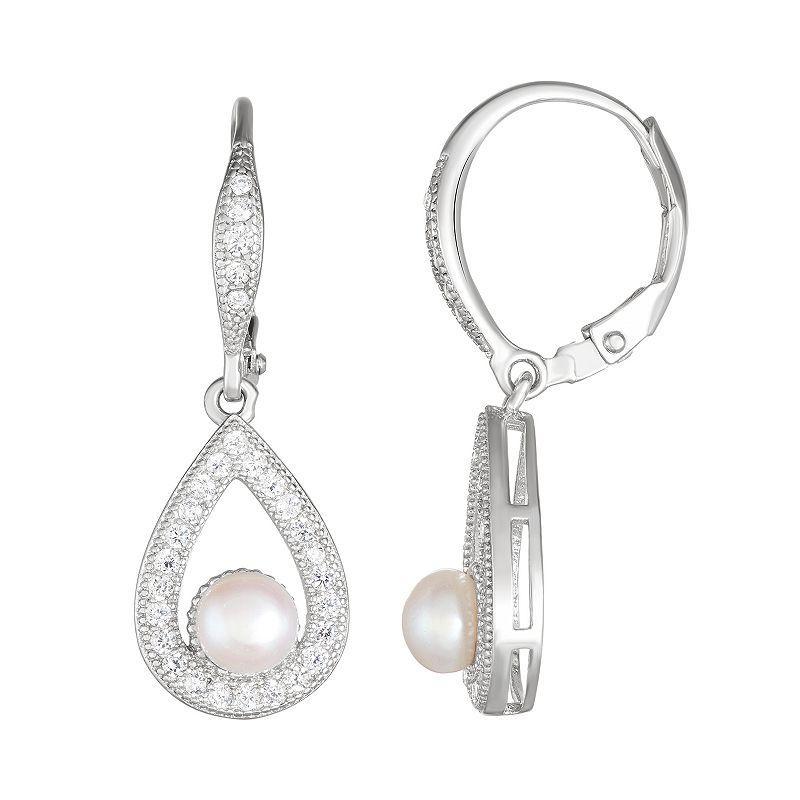 Sterling Silver Freshwater Cultured Pearl & Cubic Zirconia Teardrop Earrings, Womens, White Product Image