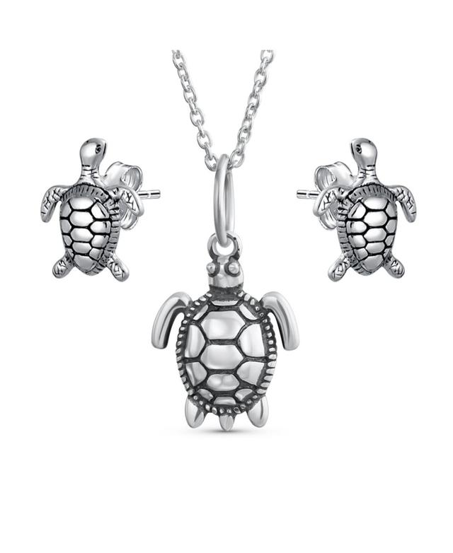 Honeymoon Vacation Tiny Nautical Hawaiian Sea Tortoise Beach Turtle Pendant Stud Earrings Jewelry Set For Women Teen Oxidized .925 Sterling Silver - S Product Image