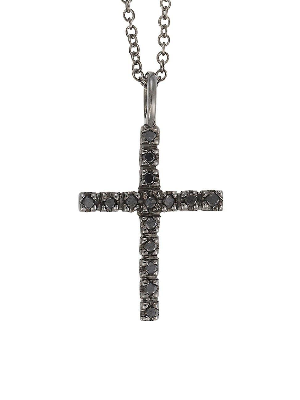 Womens Classic 18K White Gold & Black Diamond Cross Pendant Necklace Product Image