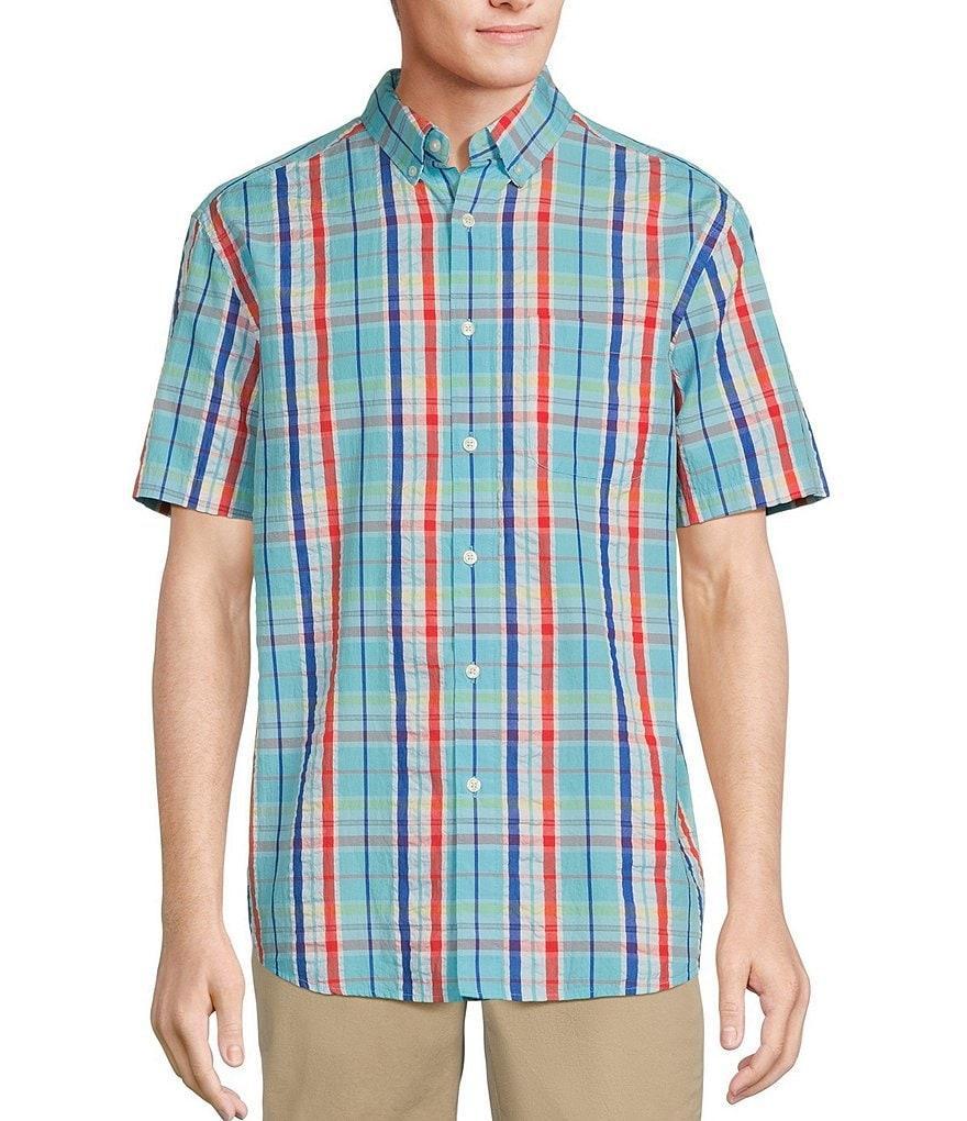 Roundtree & Yorke Short Sleeve Large Plaid Seersucker Sport Shirt Product Image