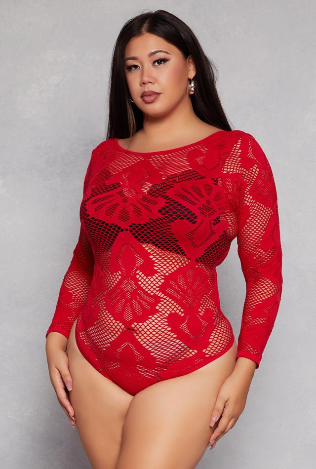 Womens Plus Size Seamless Lace Long Sleeve Bodysuit Product Image