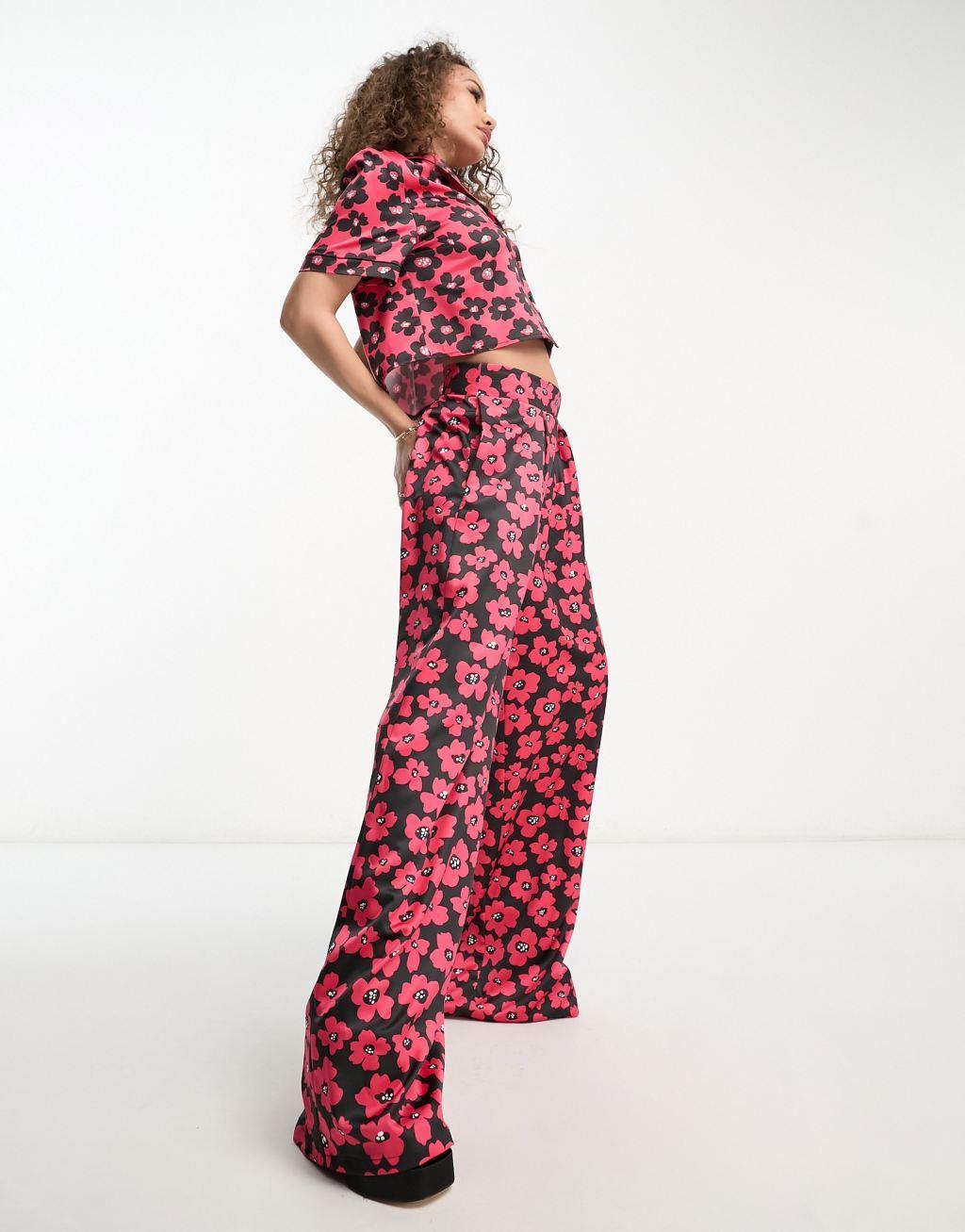 Flounce London wide leg pants in red and black floral - part of a set Product Image