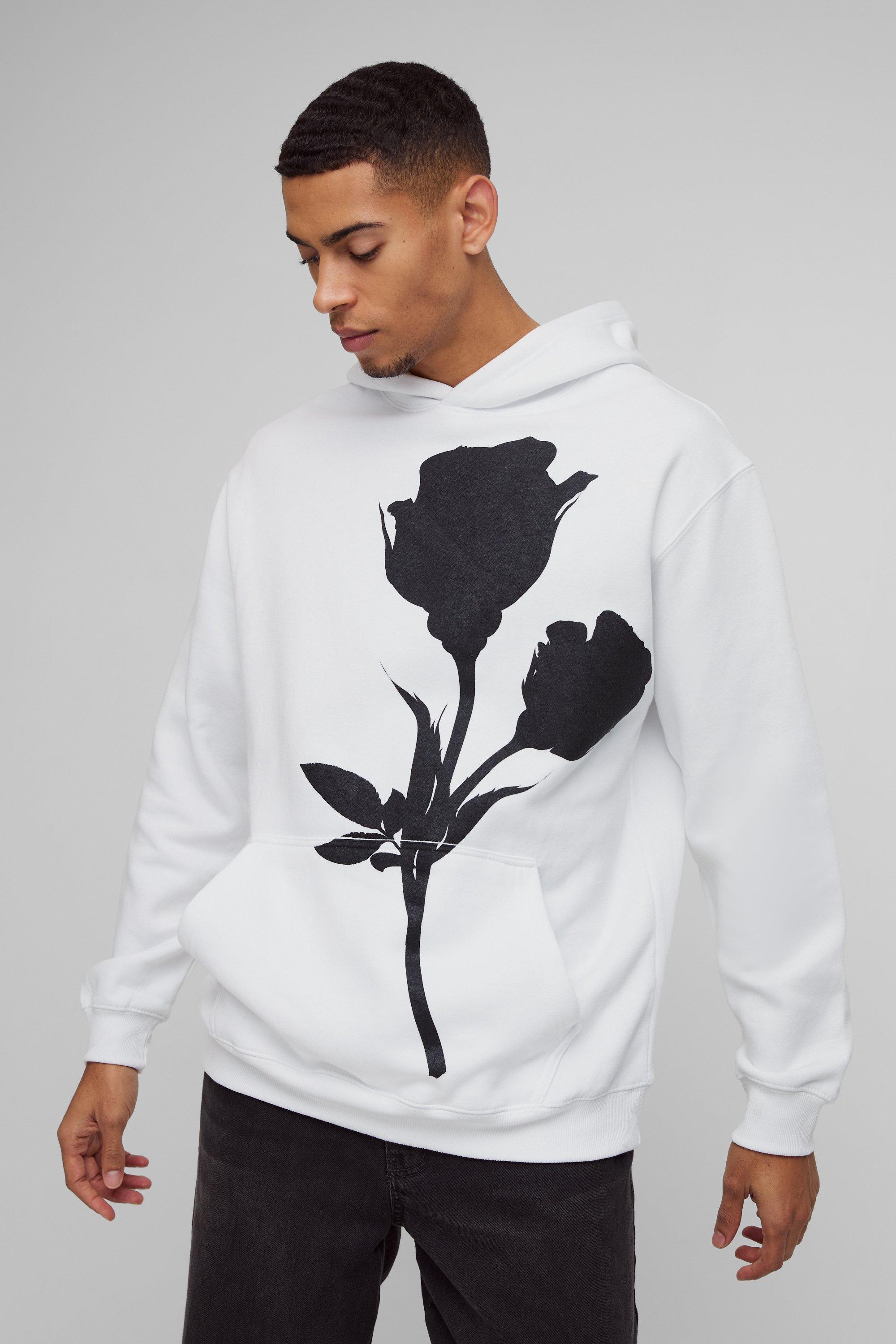 Mono Placement Floral Graphic Hoodie | boohooMAN USA Product Image