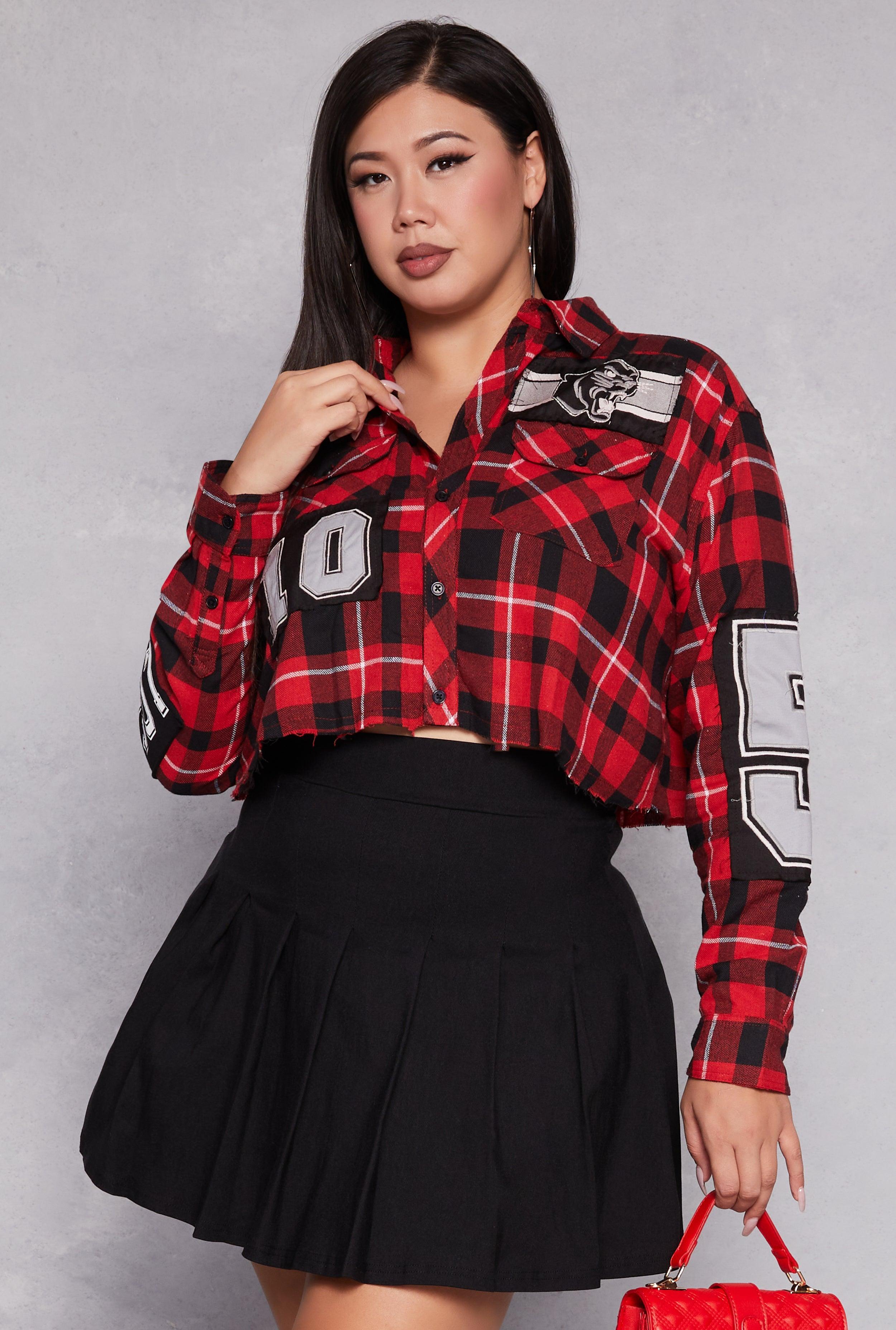 Womens Plus Size Spoon Jeans Graphic Patch Plaid Cropped Shirt Product Image